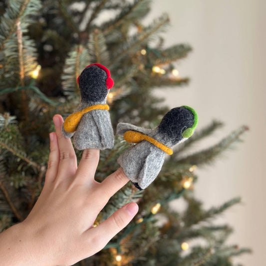 Felt Finger Puppet - Penguin with Headphones - Chickadees Wooden Toys
