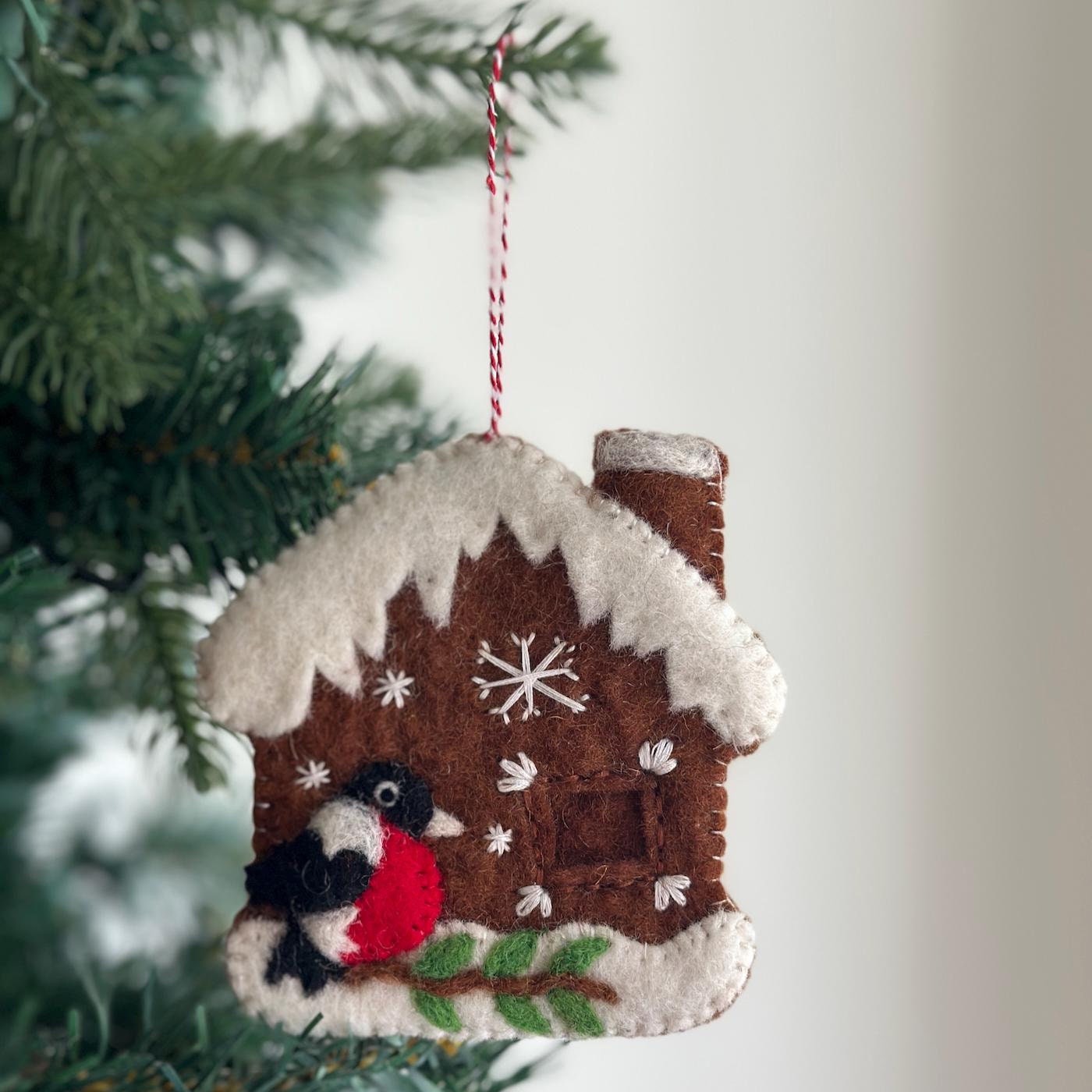 Felt Gingerbread House with Woodpecker Ornament