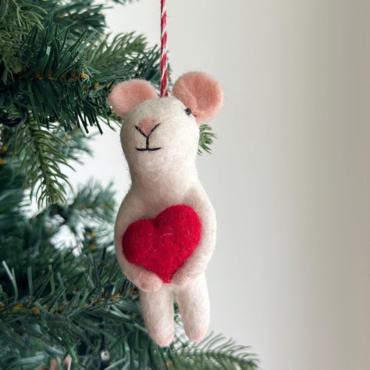 Felt Mouse Holding Heart Ornament - Chickadees Wooden Toys