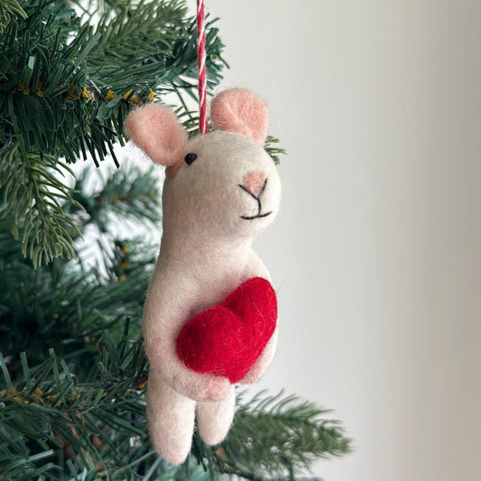 Felt Mouse Holding Heart Ornament - Chickadees Wooden Toys