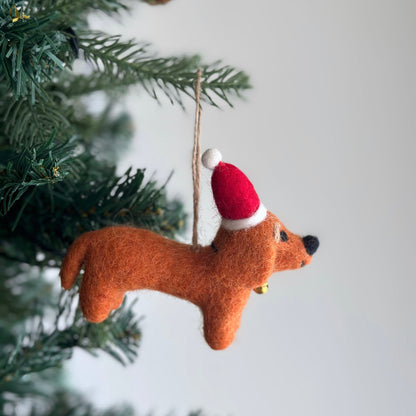 Felt Ornament - Dachshund Dog with Christmas Hat - Chickadees Wooden Toys