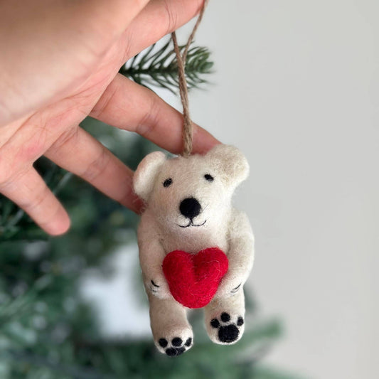 Felt Ornament - Mini Polar Bear Holding Heart - Chickadees Wooden Toys