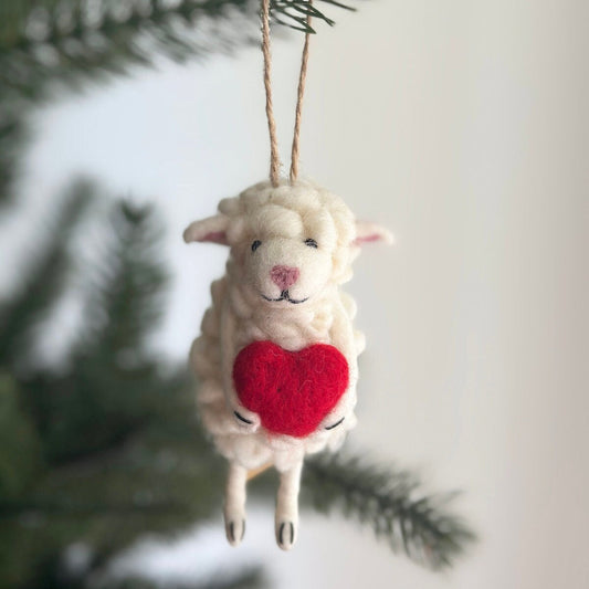 Felt Sheep Holding Heart Ornament - Chickadees Wooden Toys