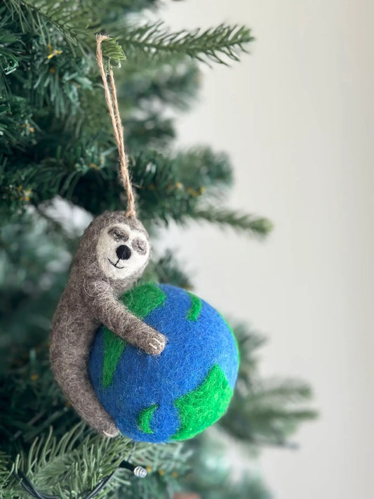 Felt Sloth Ornament: Sloth Embracing Earth - Chickadees Wooden Toys