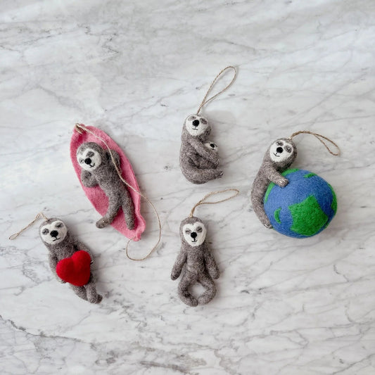 Felt Sloth Ornament: Sloth Embracing Earth - Chickadees Wooden Toys