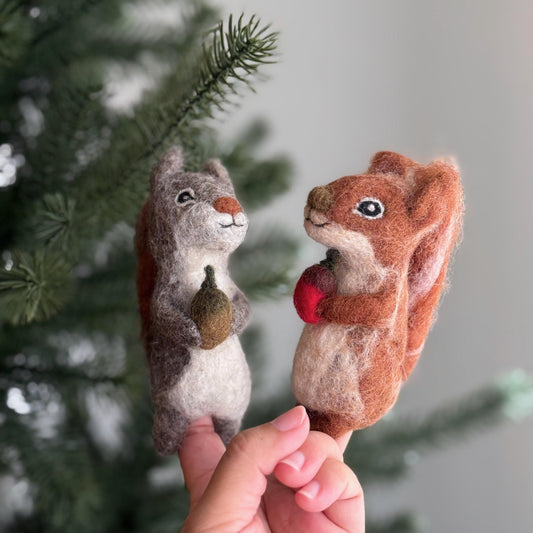 Felt Squirrel Finger Puppet with Acorn - Chickadees Wooden Toys