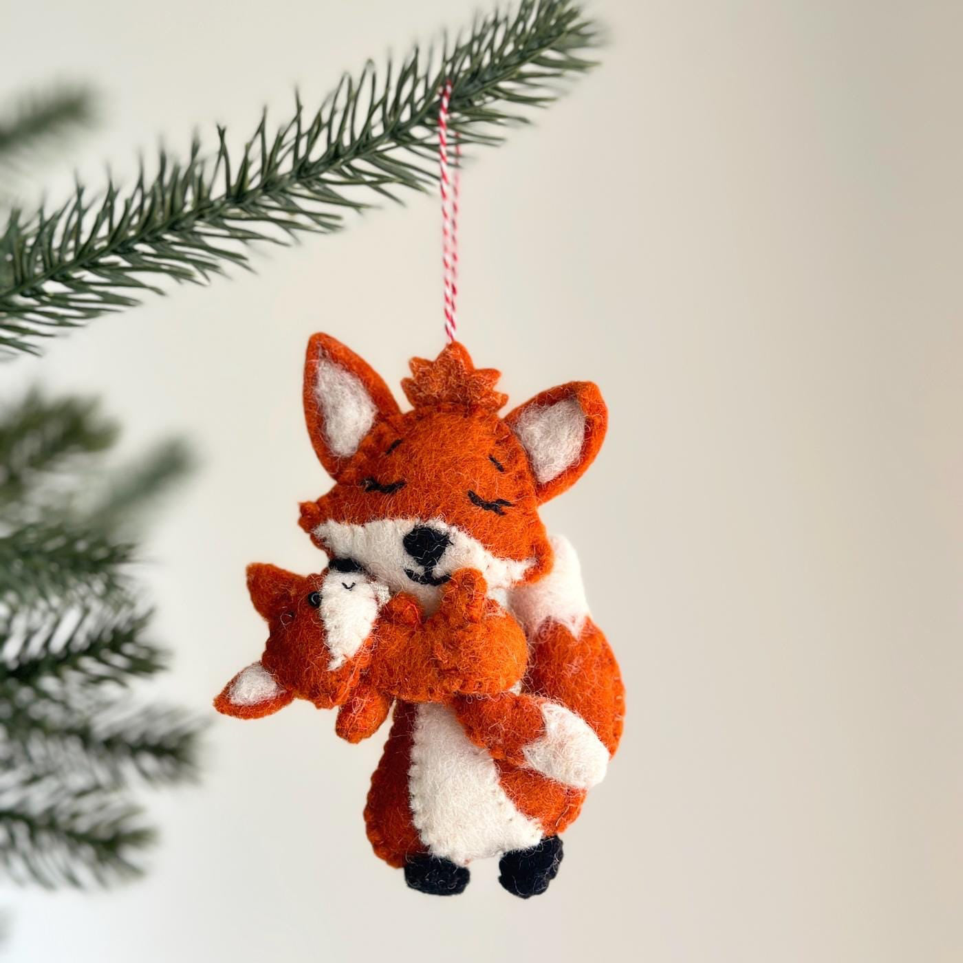 Fox holding baby Ornament - Chickadees Wooden Toys