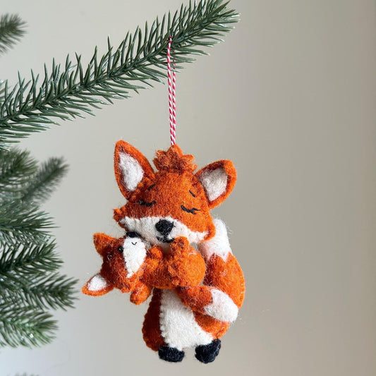 Fox holding baby Ornament - Chickadees Wooden Toys