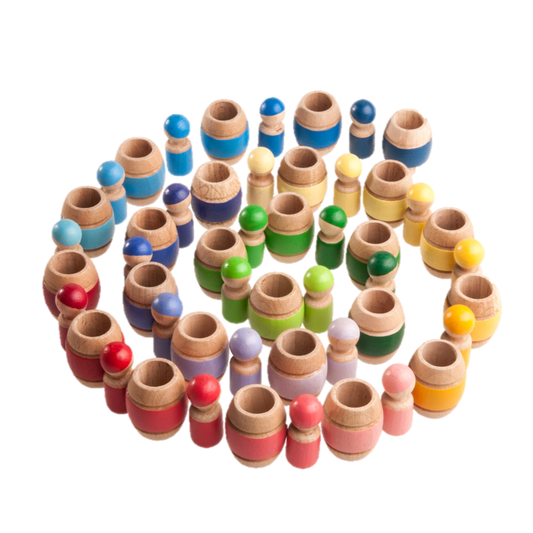 Montessori Color Sorting Wooden Toy Peg Dolls in Barrels - Set of 25