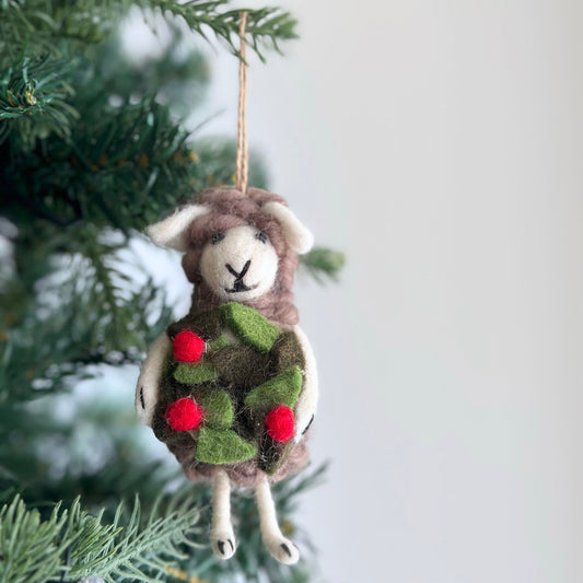Holly-Wreath Holding Sheep Ornament - Chickadees Wooden Toys