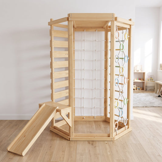 Hawthorn Indoor Playground | 93" Montessori Climbing Gym with Slide & Rope Net - Chickadees Wooden Toys