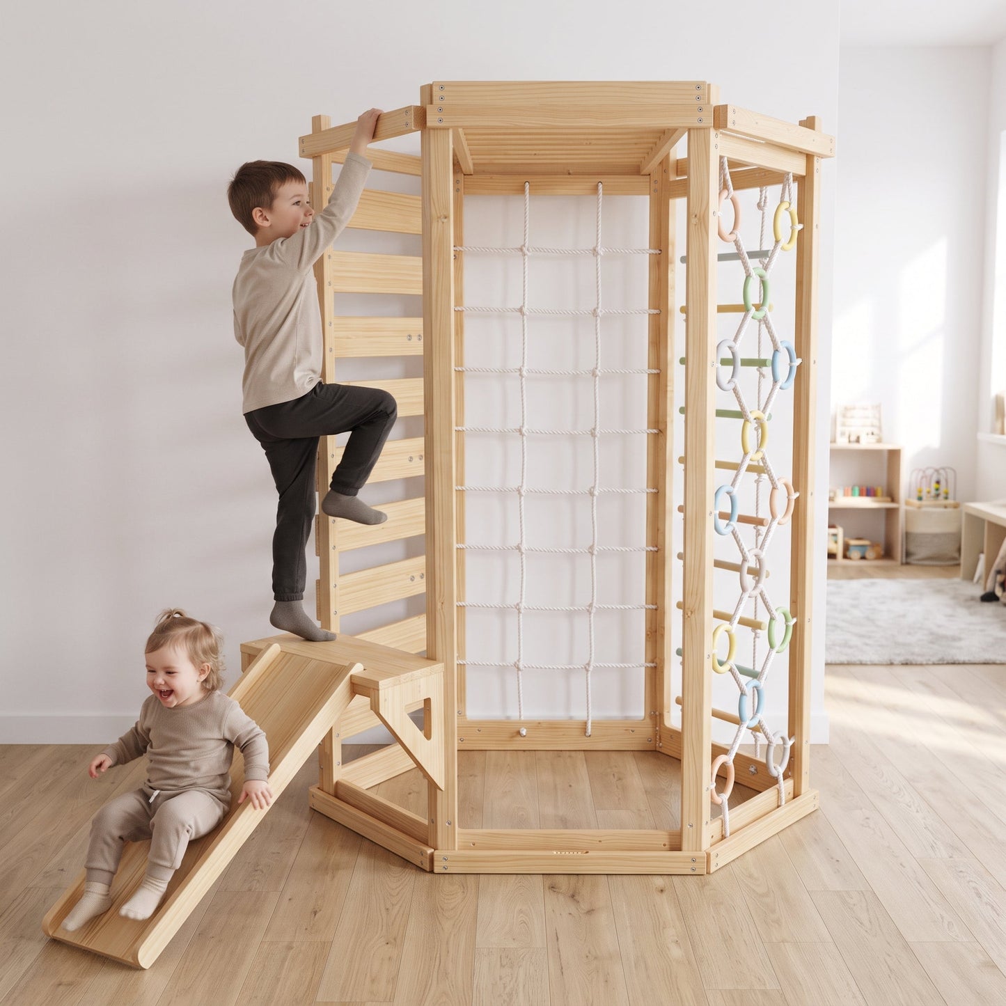 Hawthorn Indoor Playground | 93" Montessori Climbing Gym with Slide & Rope Net