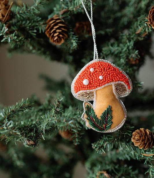 Larissa Mushroom Beaded Ornament - Hand Embroidered