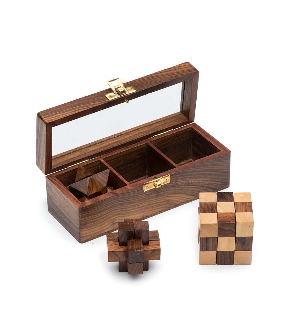 Geometric Puzzle Game Trio Gift Set - Hand Carved Wood - Chickadees Wooden Toys