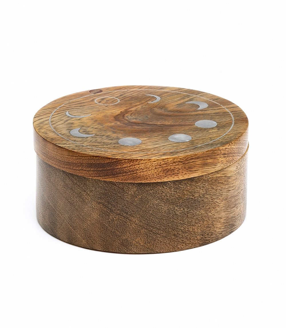 Indukala Moon Phase Round Pivot Box - Handcrafted Mango Wood - Chickadees Wooden Toys
