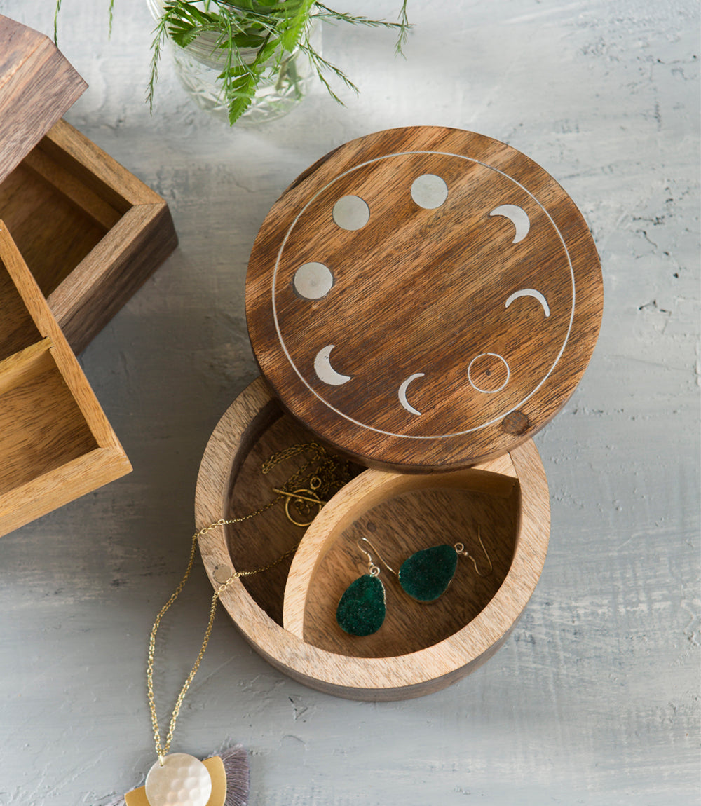 Indukala Moon Phase Round Pivot Box - Handcrafted Mango Wood - Chickadees Wooden Toys