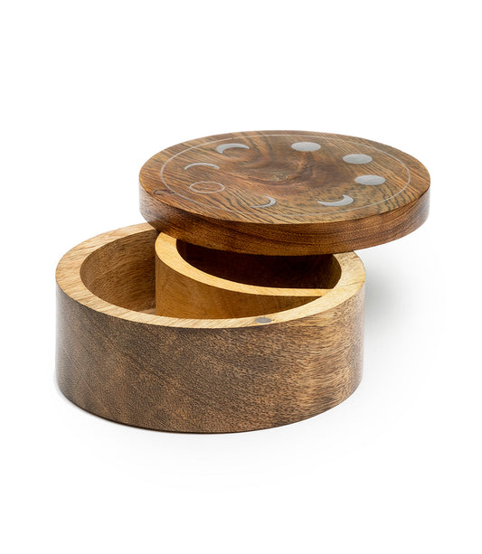 Indukala Moon Phase Round Pivot Box - Handcrafted Mango Wood - Chickadees Wooden Toys