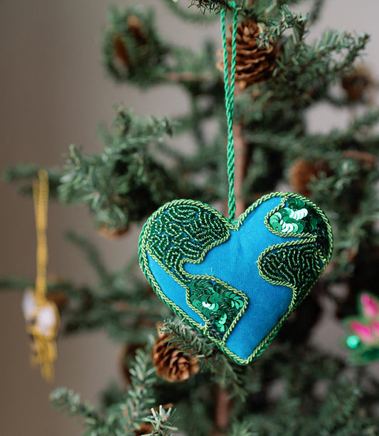 Larissa Heart Earth Beaded Ornament - Hand Embroidered