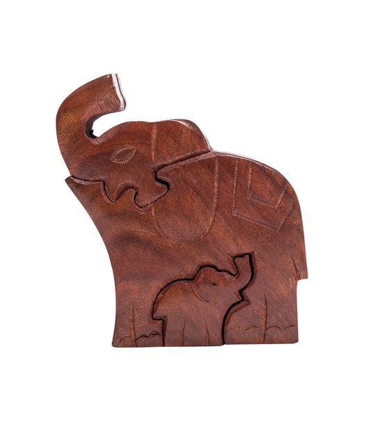 Mom and Baby Elephant Puzzle Box - Hand Carved Wood, Fair Trade - Chickadees Wooden Toys