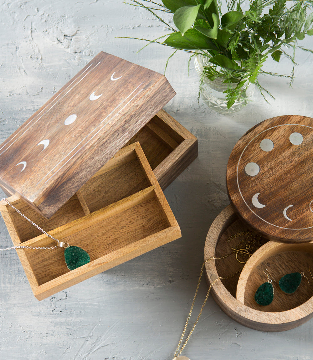 Indukala Moon Phase Jewelry Box With Tray - Wood Brass Inlay - Chickadees Wooden Toys