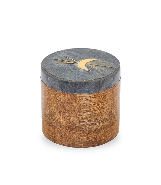 Indukala Moon Phase Round Keepsake Box - Black Marble, Wood, Brass - Chickadees Wooden Toys