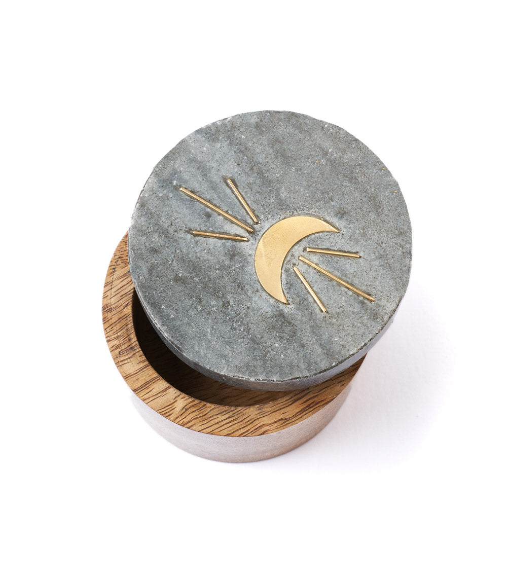 Indukala Moon Phase Round Keepsake Box - Black Marble, Wood, Brass - Chickadees Wooden Toys