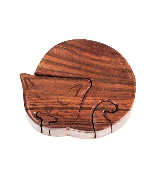Sleeping Cat Keepsake Puzzle Box - Indian Rosewood - Chickadees Wooden Toys