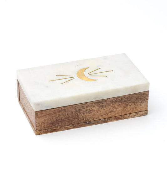Indukala Crescent Moon Treasure Box - Wood, Marble, Brass - Chickadees Wooden Toys