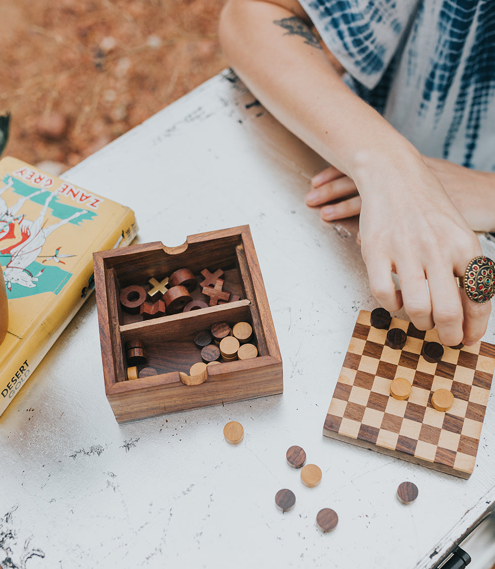 Checkers and Tic Tac Toe Game Set - Handcrafted Wood - Chickadees Wooden Toys