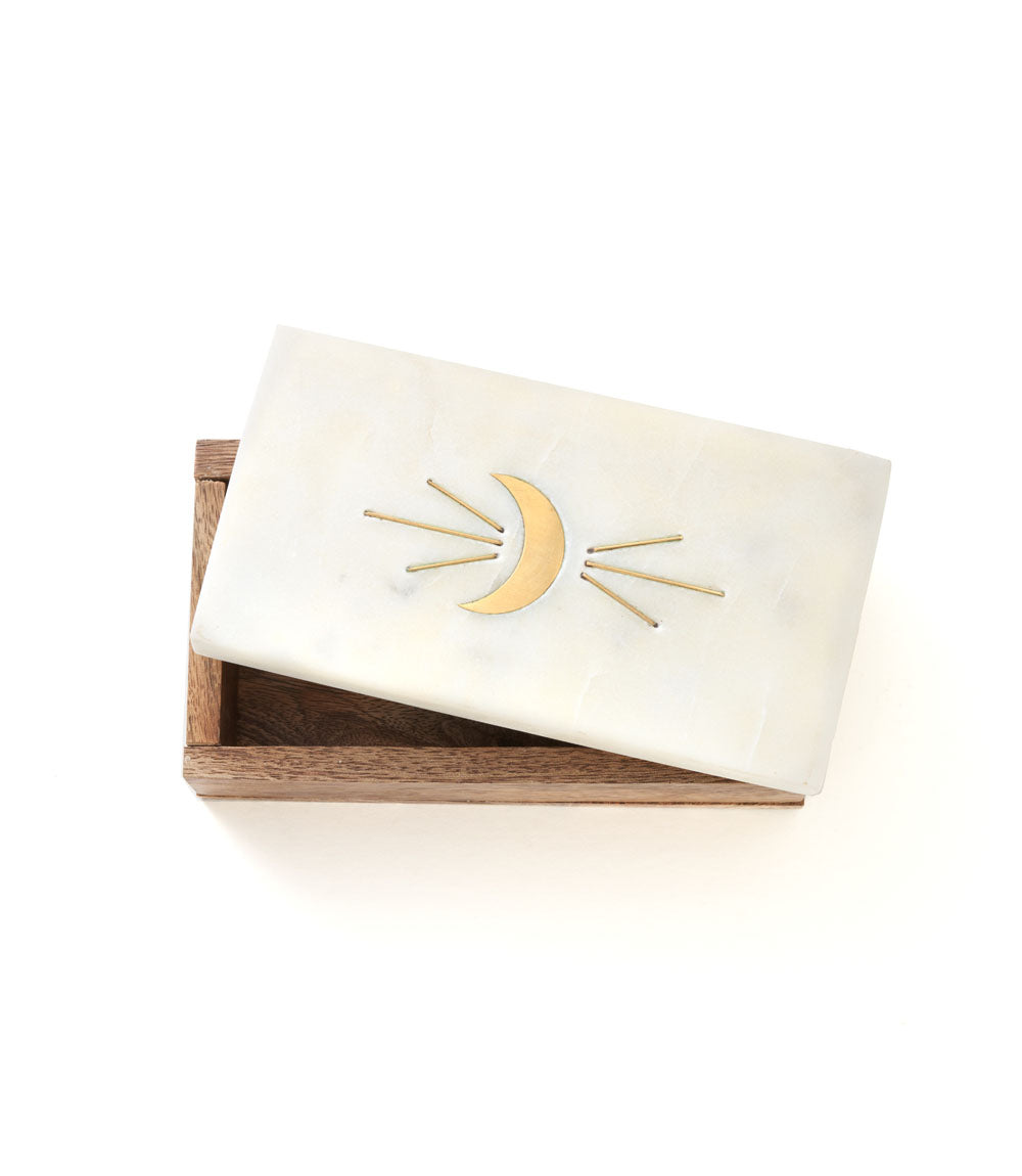 Indukala Crescent Moon Treasure Box - Wood, Marble, Brass - Chickadees Wooden Toys