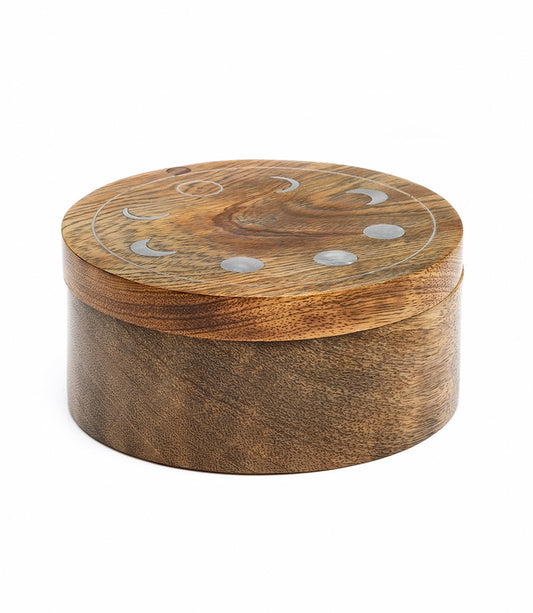 Indukala Moon Phase Round Pivot Box - Handcrafted Mango Wood - Chickadees Wooden Toys