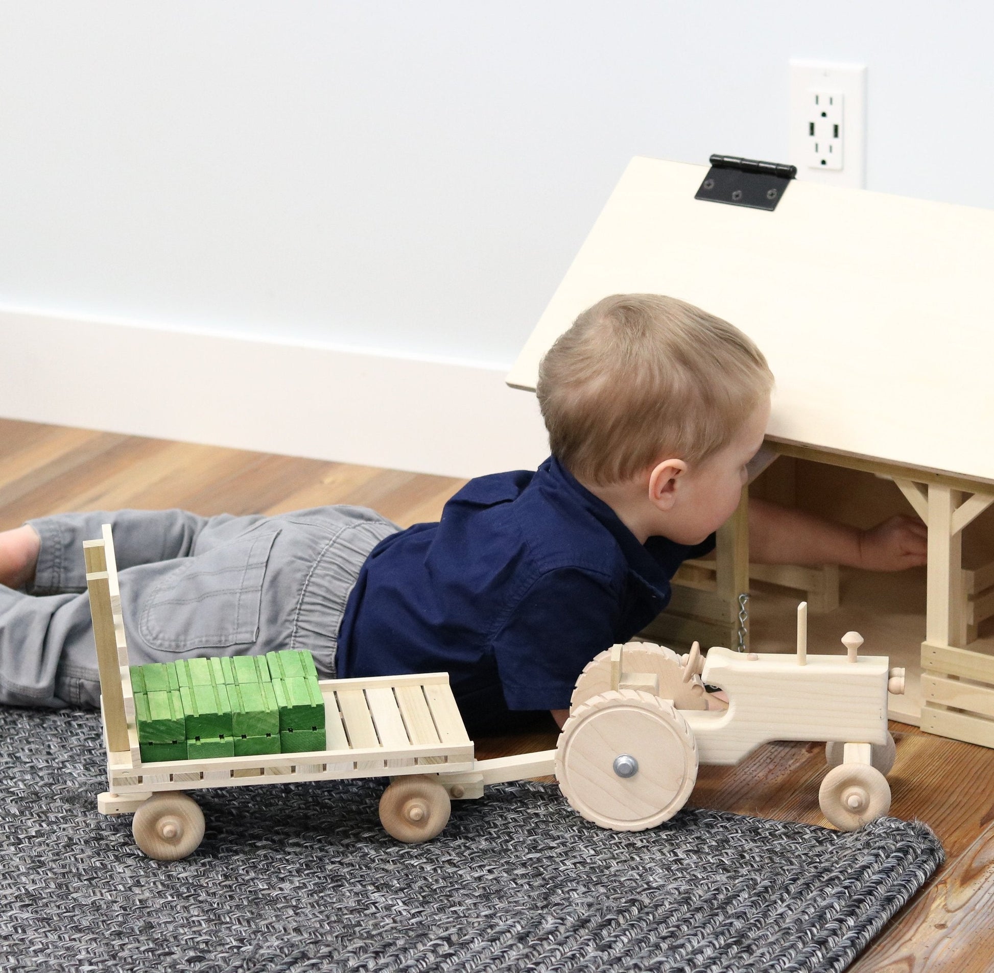Amish-Made Wooden Toy Tractor & Hay Wagon Set with Hay Bales - Chickadees Wooden Toys