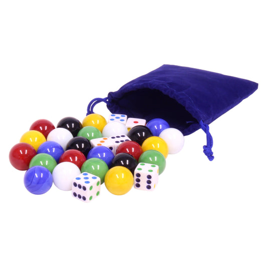 Game Bag of 24 Large Glass 7/8" (22mm Diameter) Marbles and 6 Dice - Chickadees Wooden Toys