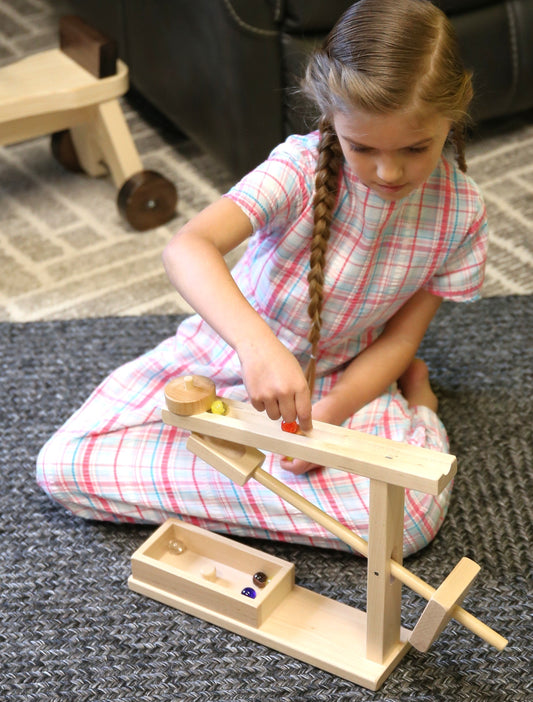 Amish-Made Wooden Marble Roller Machine Toy, Child-Safe Maple/Walnut Finish - Chickadees Wooden Toys