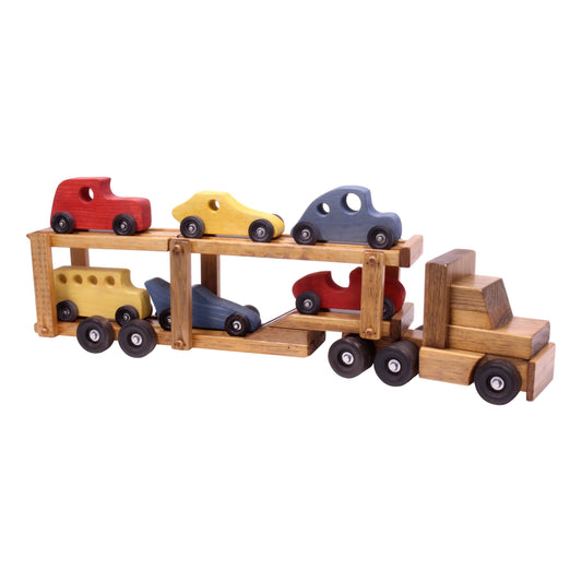 Wooden Car-Carrier Semi Truck and Trailer Toy Set with 6 Cars - Chickadees Wooden Toys