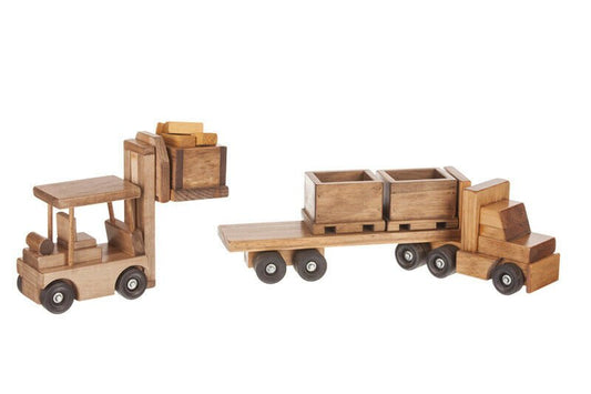 Large Wooden Truck & Bin Trailer with Forklift Toy Set, Amish-Made - Chickadees Wooden Toys