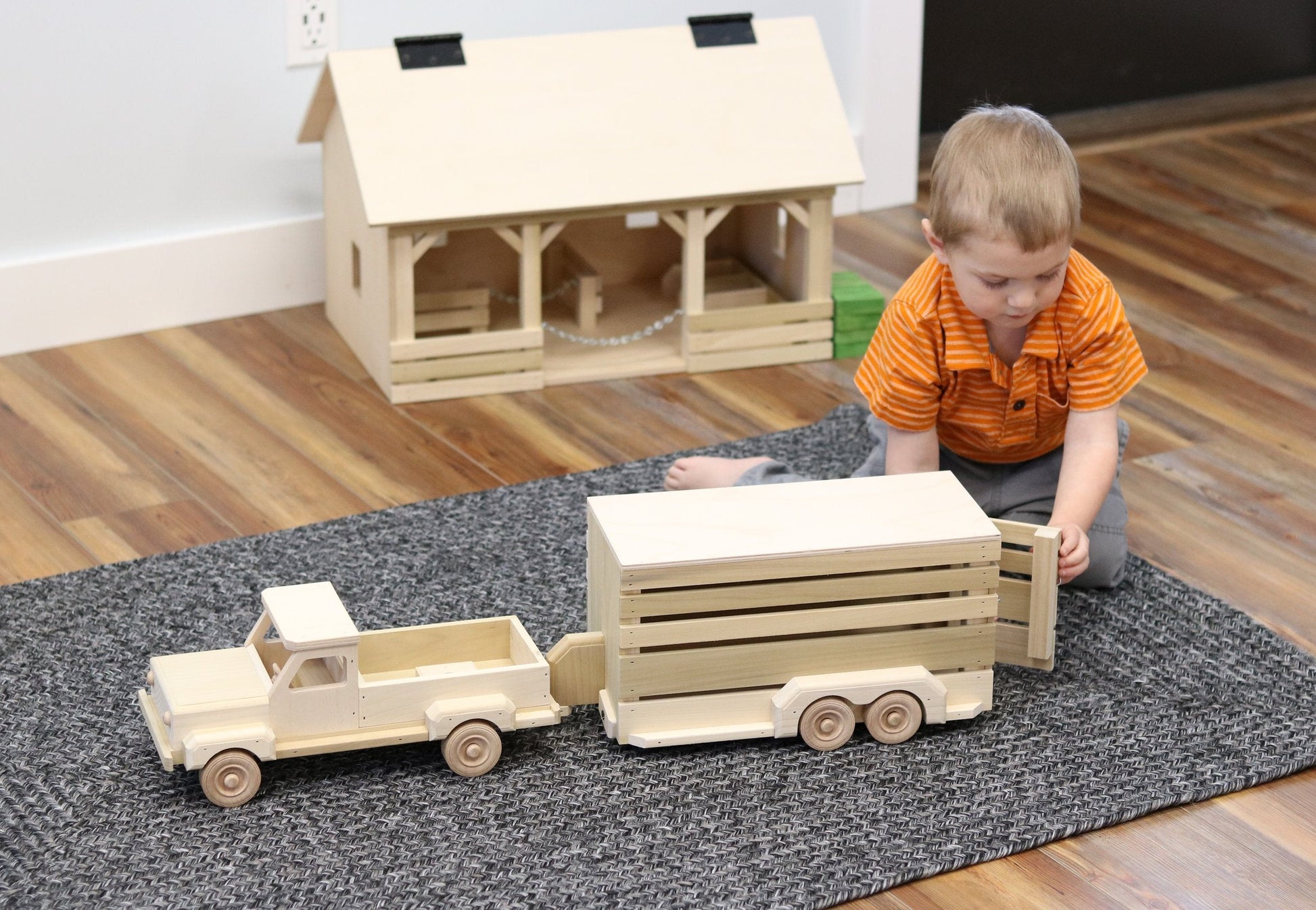 Amish-Made Wooden Pickup & Horse Trailer Toy Set, Unfinished - Chickadees Wooden Toys