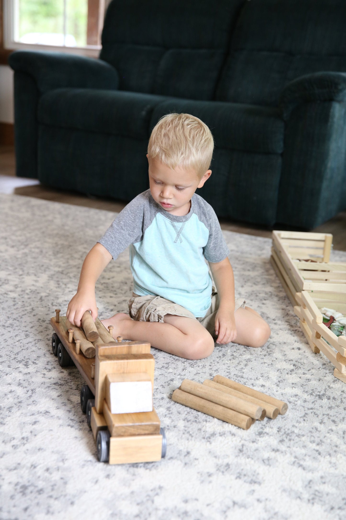 Amish-Made Wooden Log Semi Truck Toy, With Removable Logs - Chickadees Wooden Toys