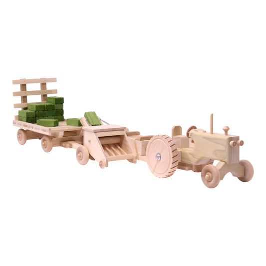 Little Farmer Hay Baling Toy Set - Wooden Toy Tractor, Hay Baler, Hay Wagon and 16 Hay Bales - Chickadees Wooden Toys