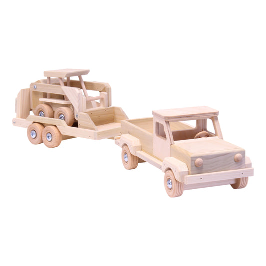 Wooden Toy Pickup Truck and Flatbed Trailer with Skidloader Set - Chickadees Wooden Toys