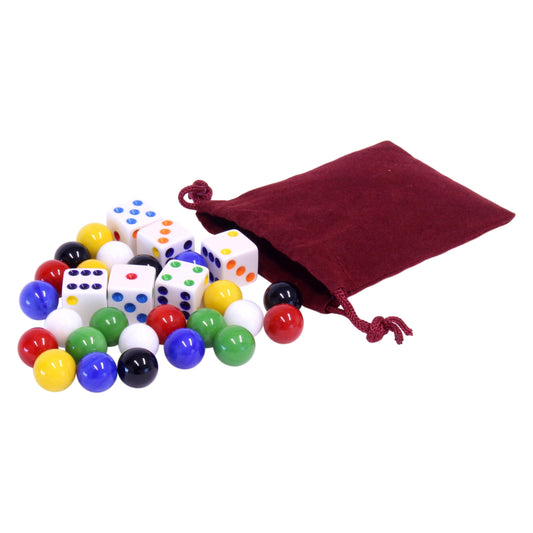 Game Bag of 24 Glass Marbles (14mm) and 6 Dice for Aggravation Game - Chickadees Wooden Toys