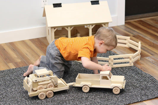 Wooden Toy Pickup Truck and Flatbed Trailer with Skidloader Set - Chickadees Wooden Toys