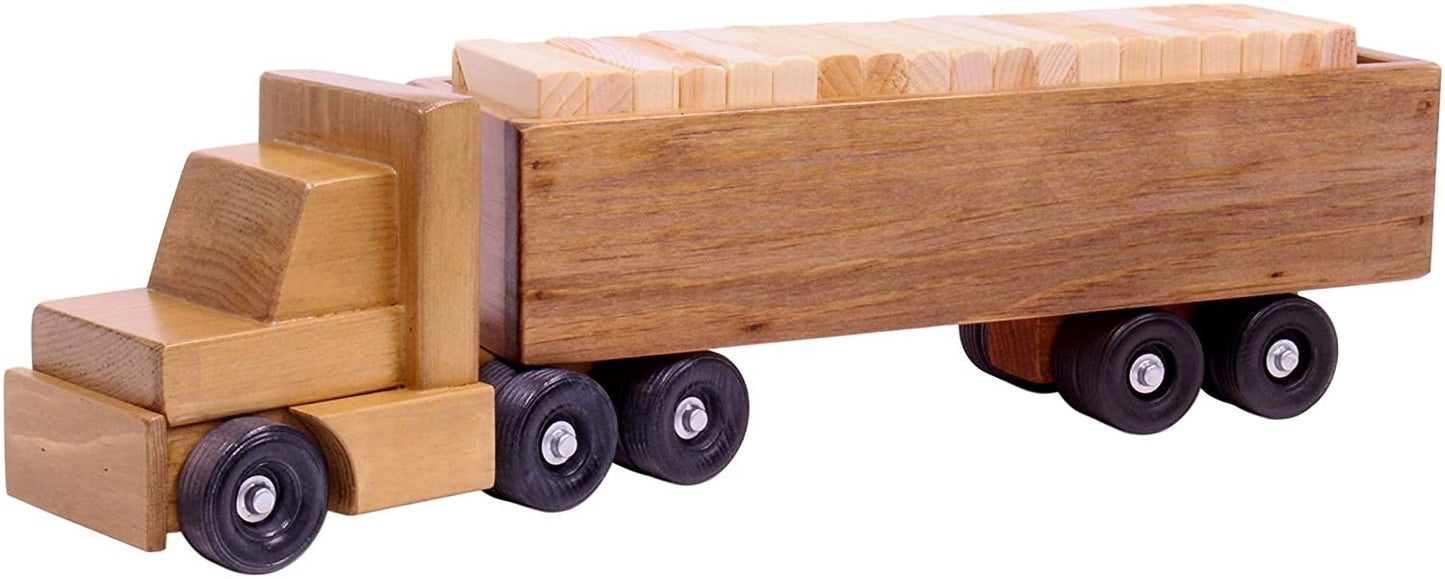 Large Semi Truck and Trailer Wooden Toy Set - with 30 Building Blocks - Chickadees Wooden Toys