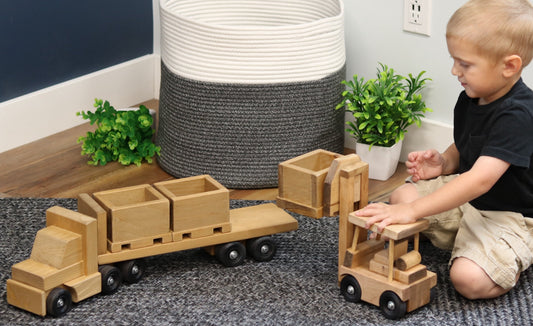 Large Wooden Truck & Bin Trailer with Forklift Toy Set, Amish-Made