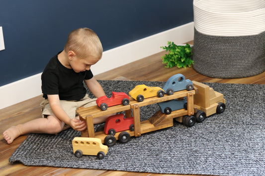 AmishToyBox.com Wooden Car-Carrier Semi Truck and Trailer Toy Set with 6 Cars