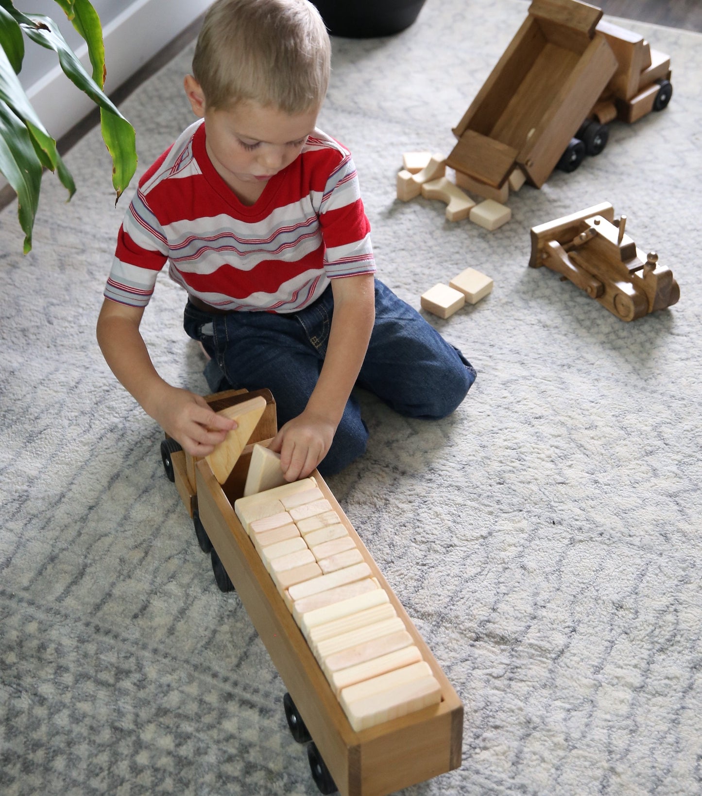 Large Semi Truck and Trailer Wooden Toy Set - with 30 Building Blocks
