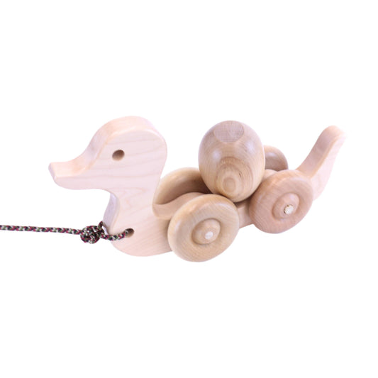Wooden Duck Pull Toy for Toddlers, Rolling Wheels and Rotating Egg - Chickadees Wooden Toys
