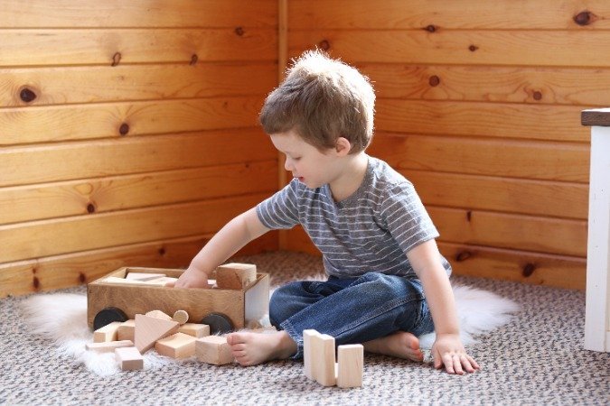 Amish-Made Wooden Toddler Pull Wagon Toy with Wood Building Blocks