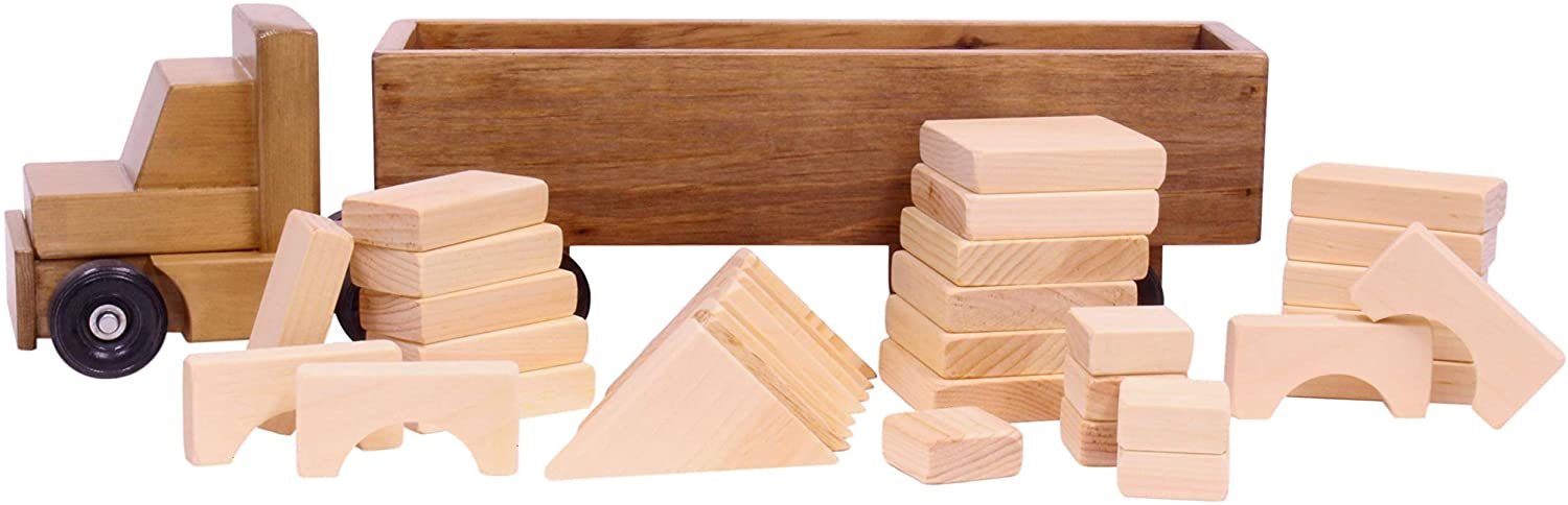 Large Semi Truck and Trailer Wooden Toy Set - with 30 Building Blocks - Chickadees Wooden Toys