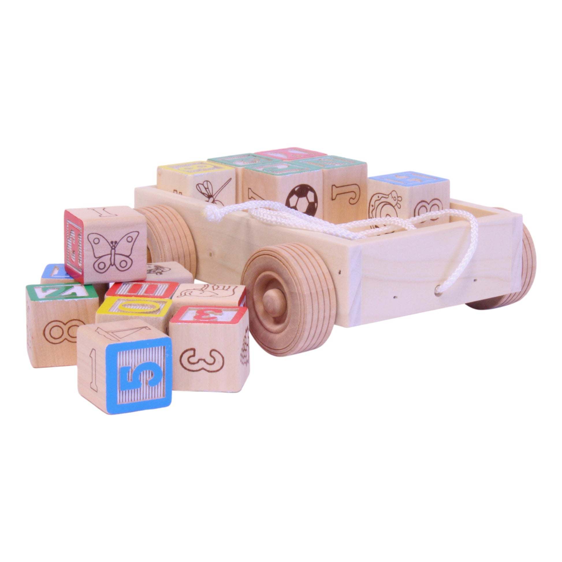Amish-Made Wooden ABC Block Toddler Pull-String Wagon Toy - Chickadees Wooden Toys